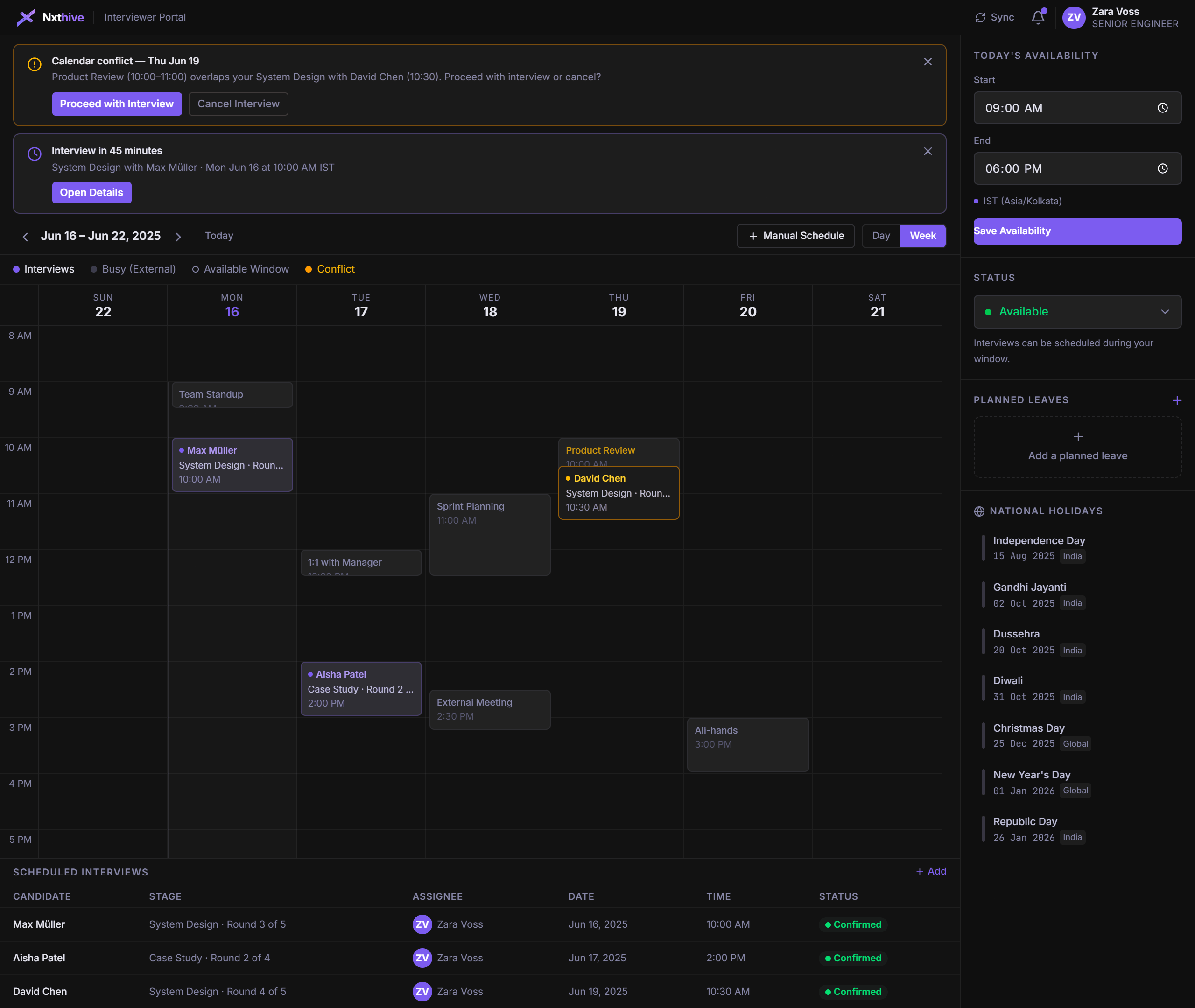 The Forage Recruit interviewer portal: a week calendar with booked interviews, clash warnings, and the interviewer's availability window.