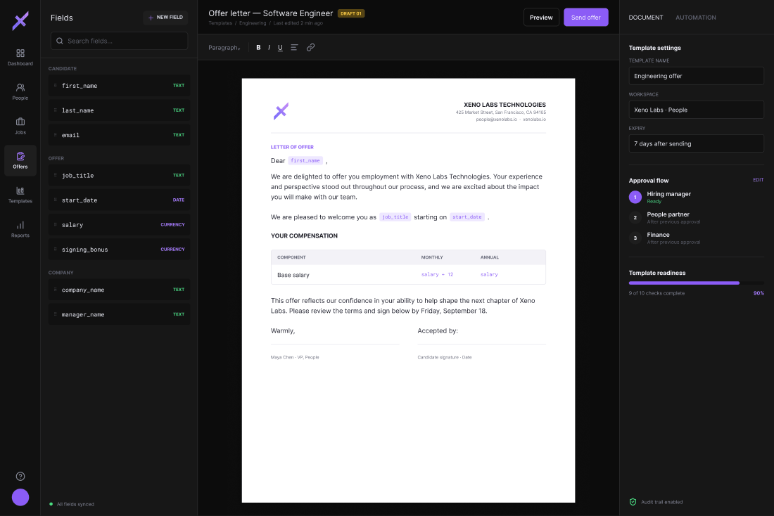 The Forage Recruit offer-letter workspace: merge fields on the left, the letter in the centre, and the approval flow on the right.